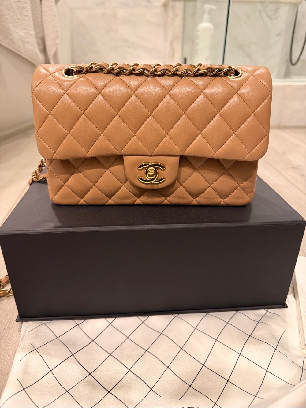 CHANEL Double Flap Classic small , Lamskin dark Beige color.